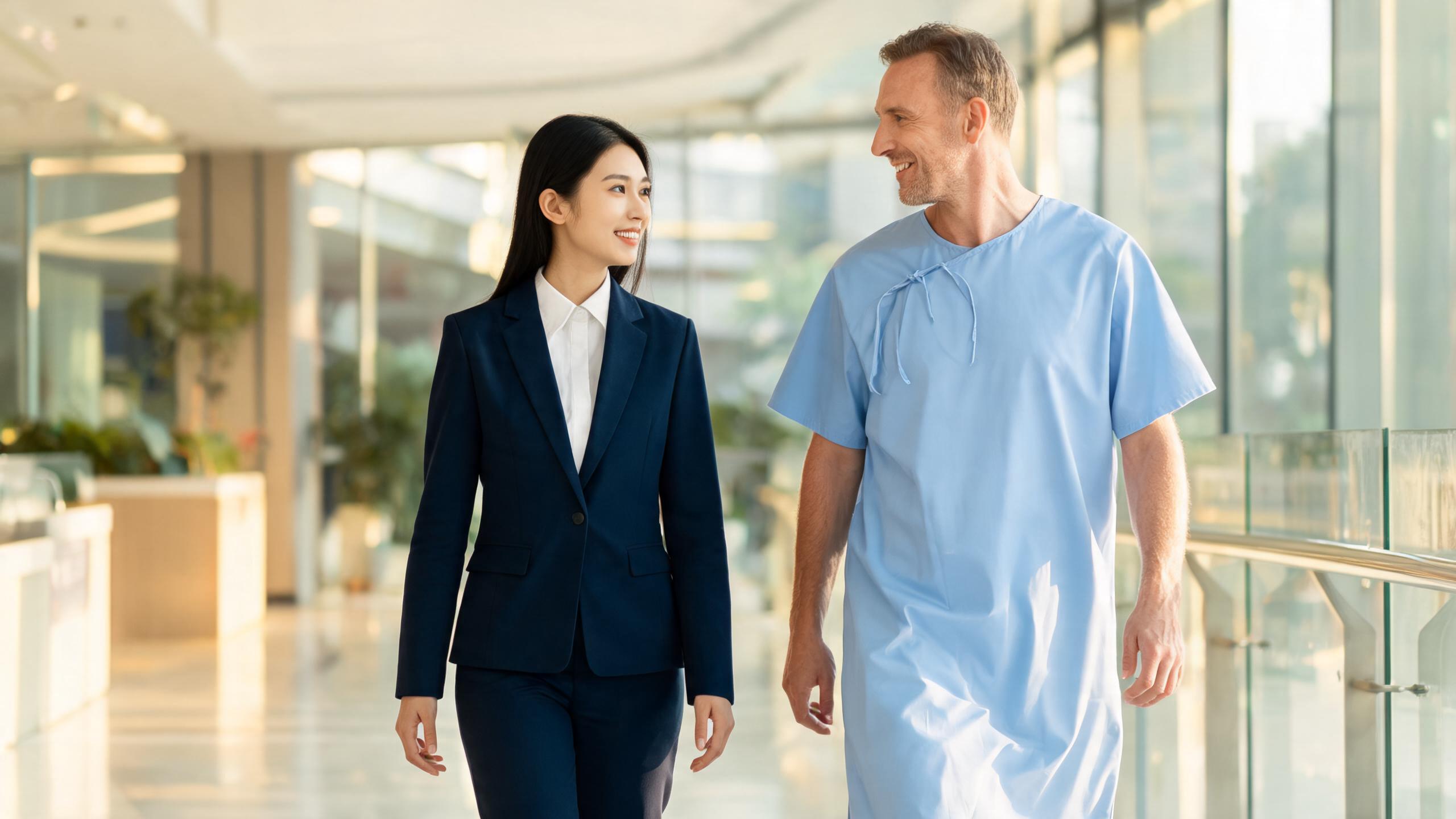 NomaCare bilingual patient coordinator escorting a patient through a modern Chinese hospital